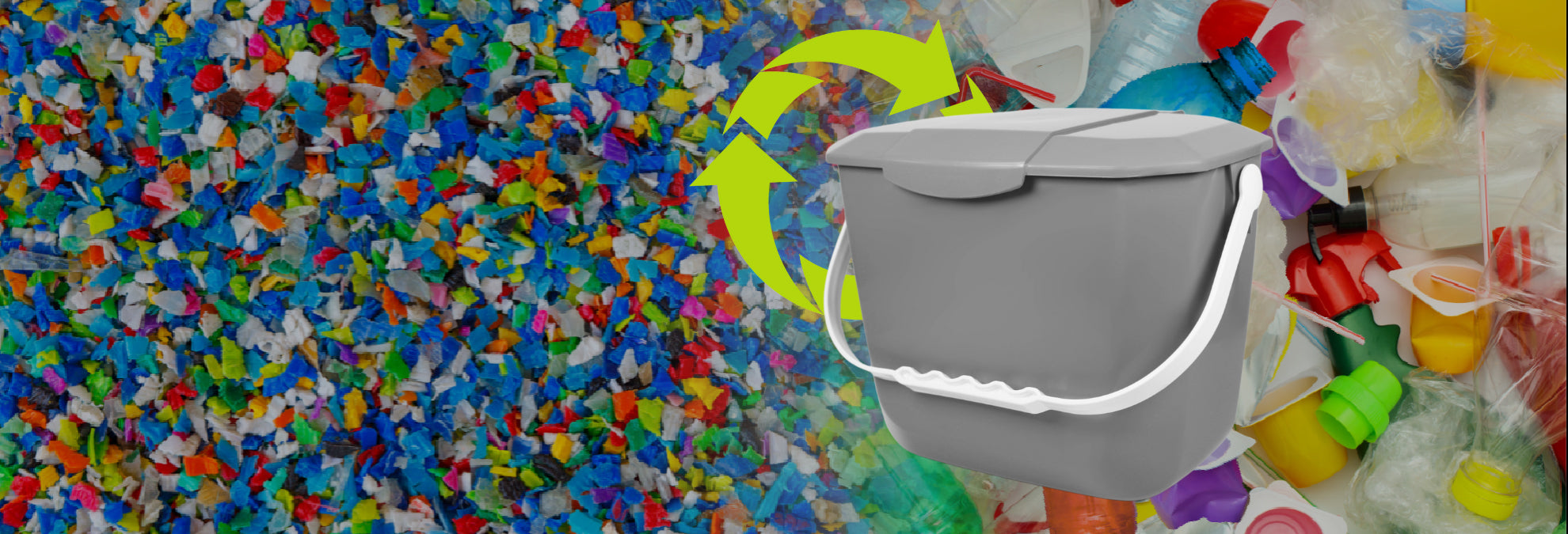 Gray bucket with colorful confetti and balloons in the background