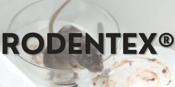 Rodentex logo with a glass container and a mouse inside on a white background