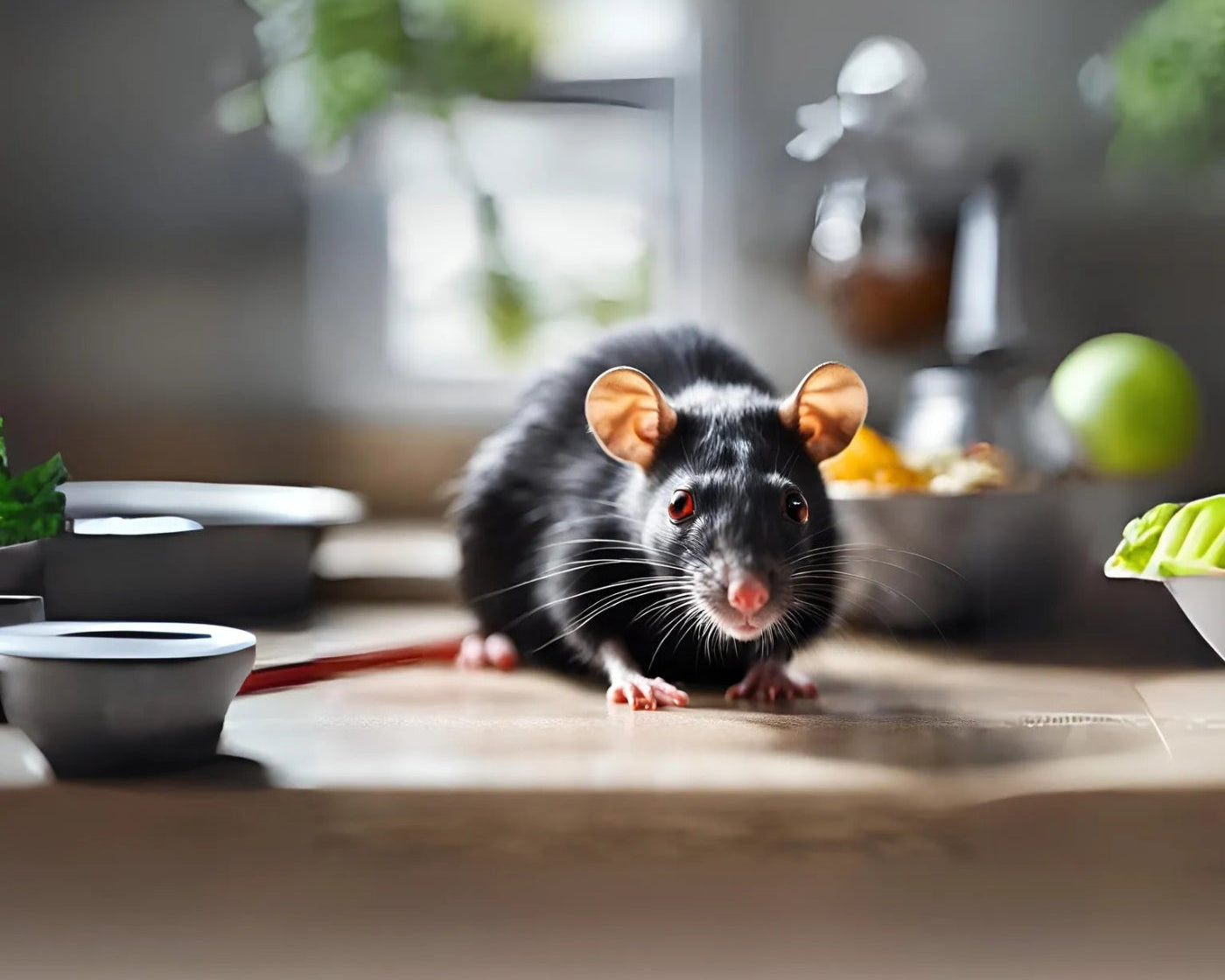 Black rat on a kitchen counter with blurred background