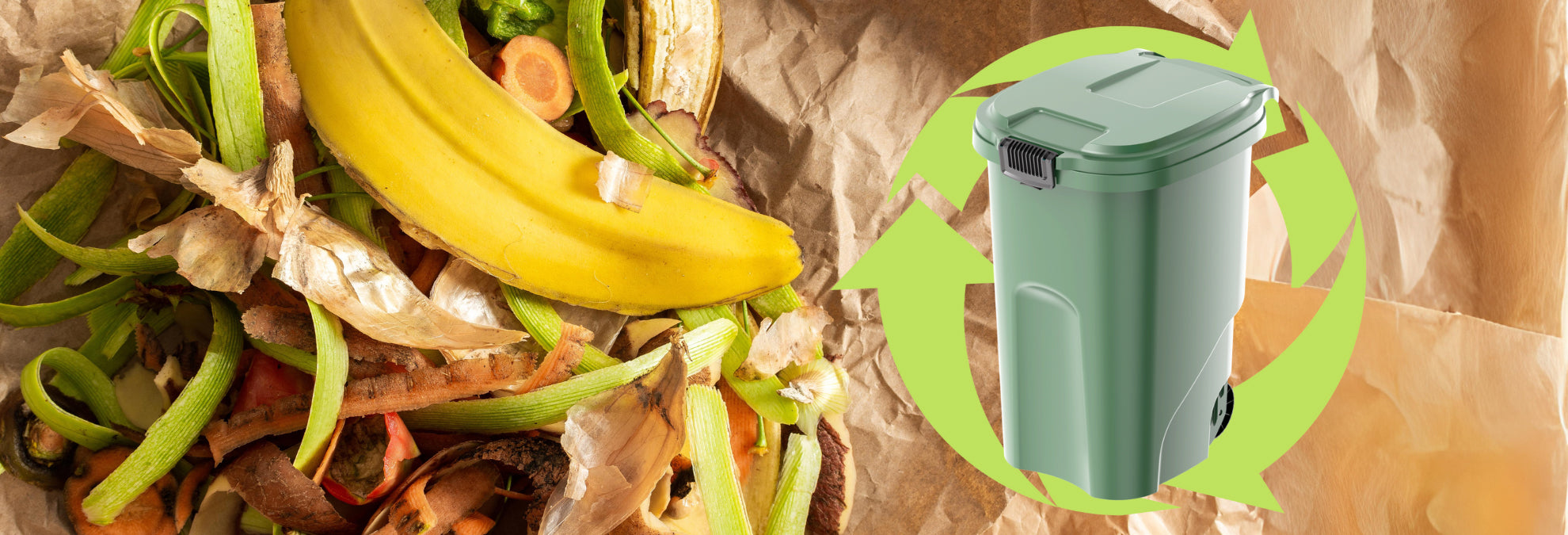 Compostable waste with banana peels and a green compost bin on a brown paper bag background.