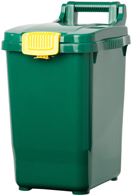 Green Organic recycle bin with a yellow handle on a white background