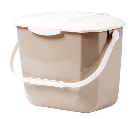 Beige storage bin with a white lid and handles on a white background