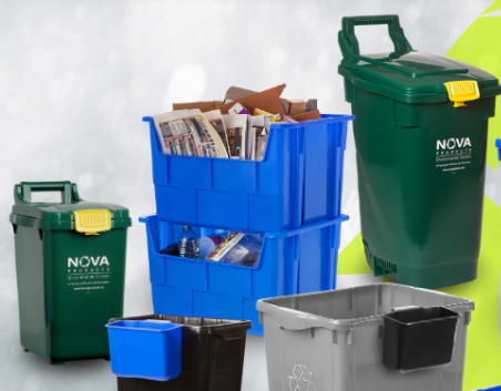 Collection of recycling bins with visible Nova branding on a light gray background