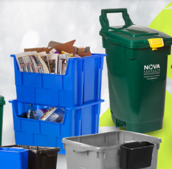 Recycling bins including a blue bin with recyclable materials, a green 'NOVA' bin, and a gray bin on a colorful background.