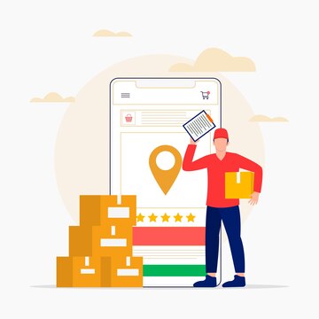 Illustration of a delivery person with packages and a tablet showing a map and rating system on a white background.